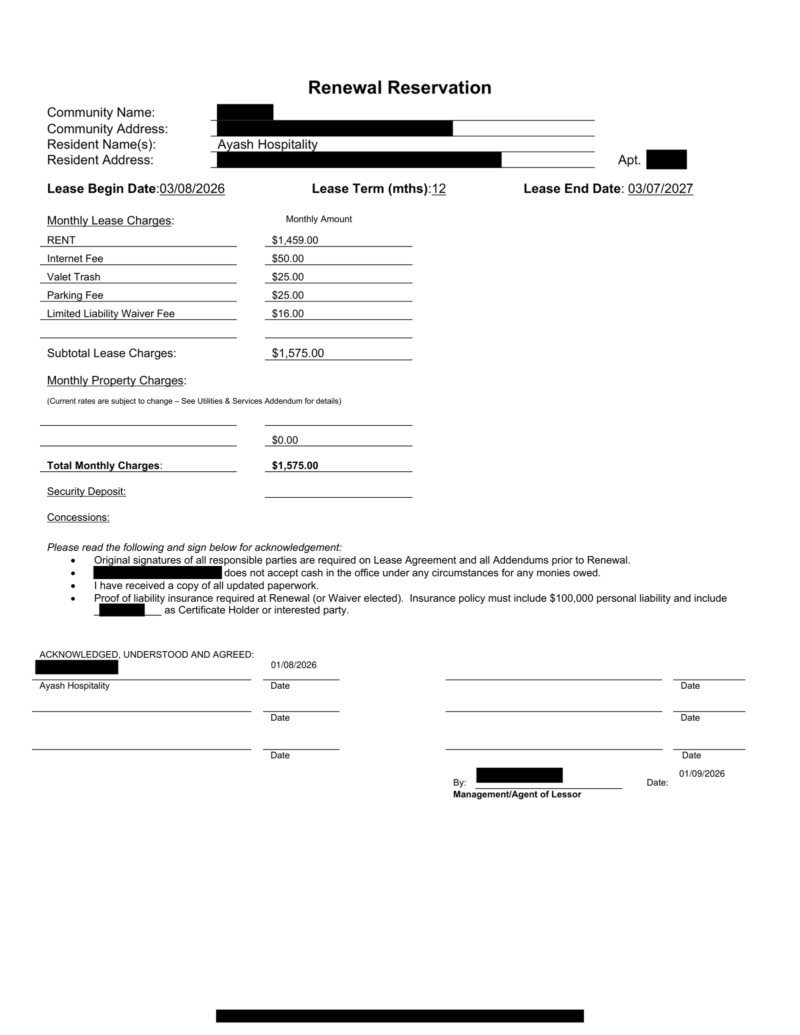 Signed corporate lease renewal, redacted, showing monthly rent charges